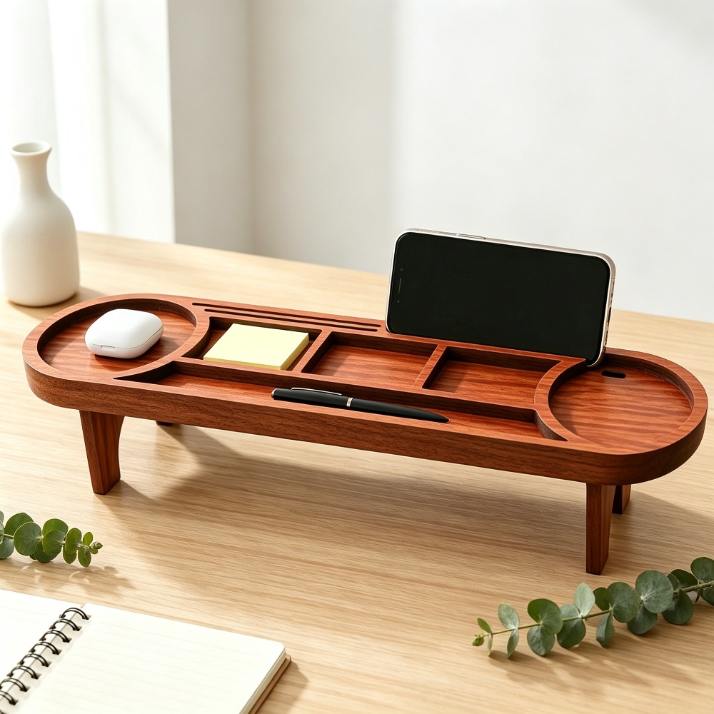 Tech Accessories For Office Desk - منظم مكتب خشبي مع حامل هاتف،